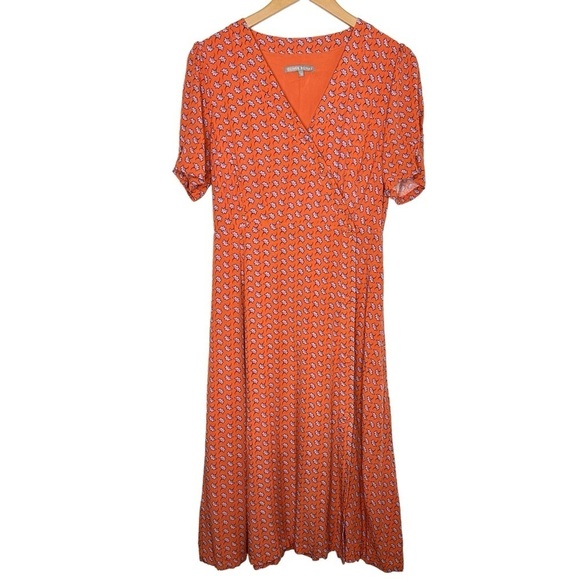 Oliver Bonas Women Floral Asymmetrical Button Up Dress Sz 12 Orange Short Sleeve - Picture 1 of 10